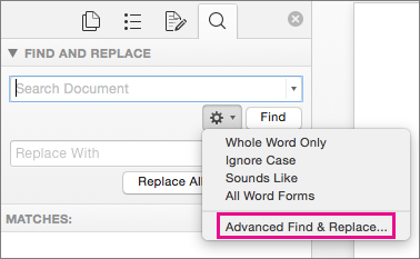 what keys to type to search for a word in a document on mac